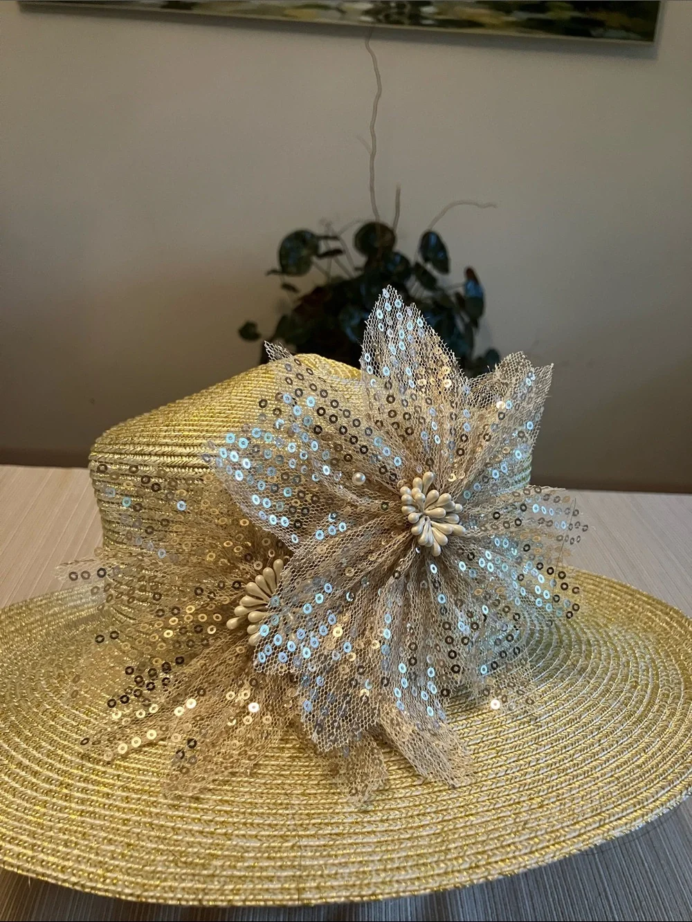 Elegant Wide-Brim Metallic Gold Sequin Flower Hat